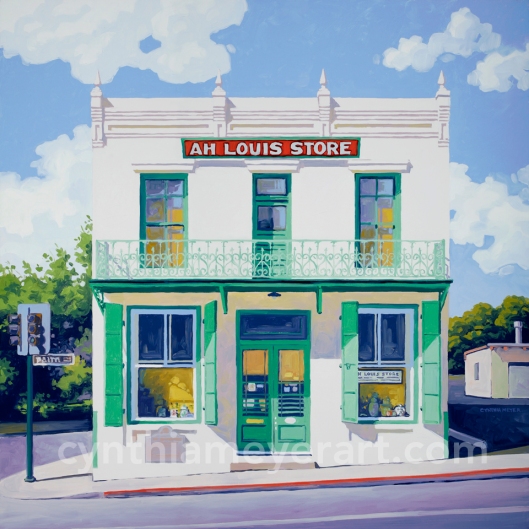 A painting of a California Chinatown building with green shutters