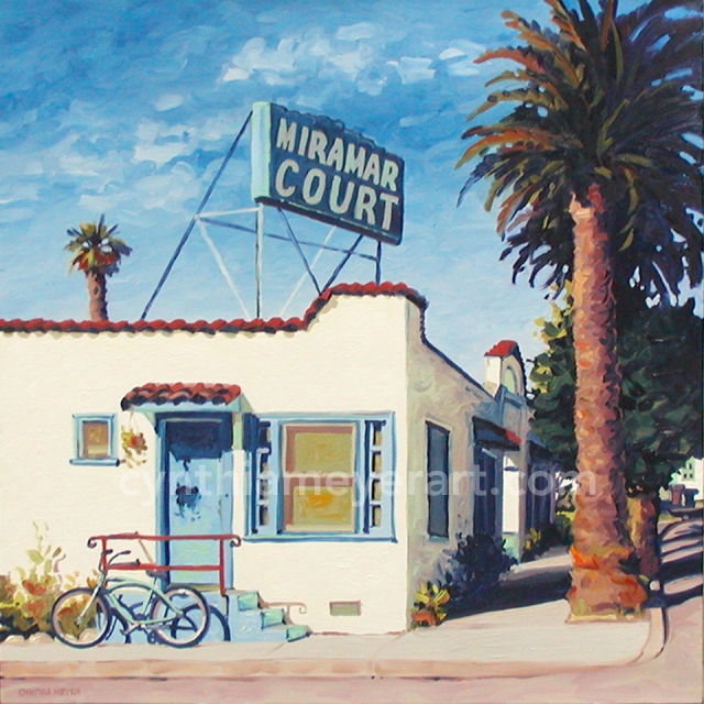 A painting of an old beach hotel in California with a bicycle