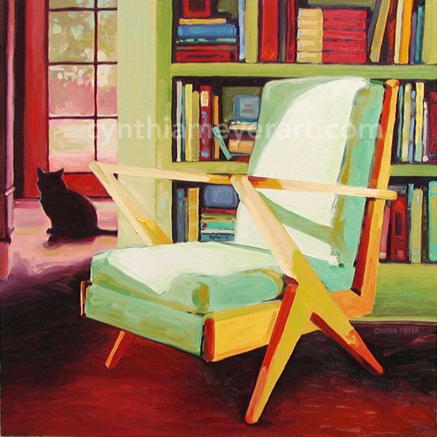 A painting of a French Deco chair with bookshelves
