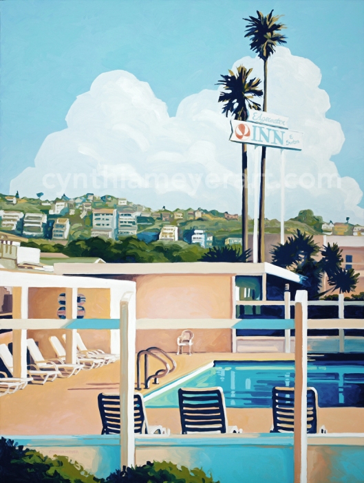 A painting Mid Century Modern pink hotel Pismo Beach California