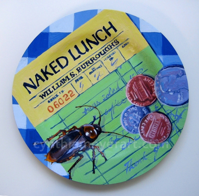 A painted plate with cockroach illustrating the book Naked Lunch
