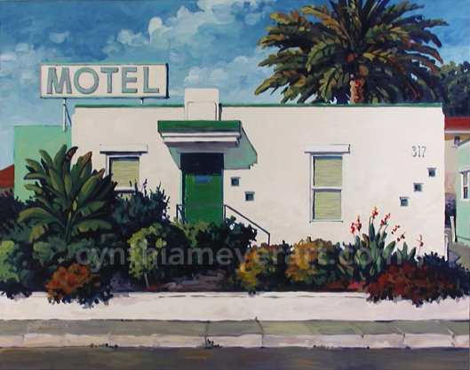 A painting of a tiny deco beach rental California