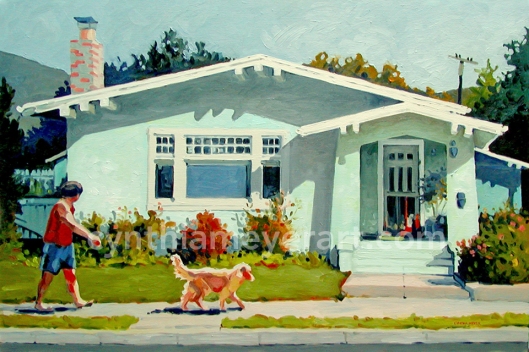 A painting of a turquoise California bungalow with a dog walker