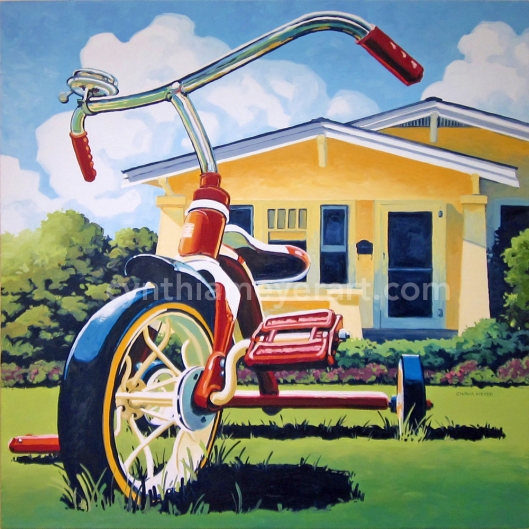 A painting of a vintage red tricycle