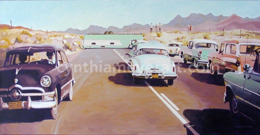 A painting of a car crash in the desert in the 1950's