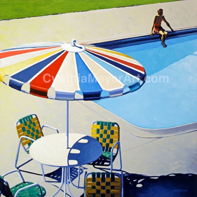 A vintage style oil painting of a boy, umbrella and pool by Cynthia Meyer.
