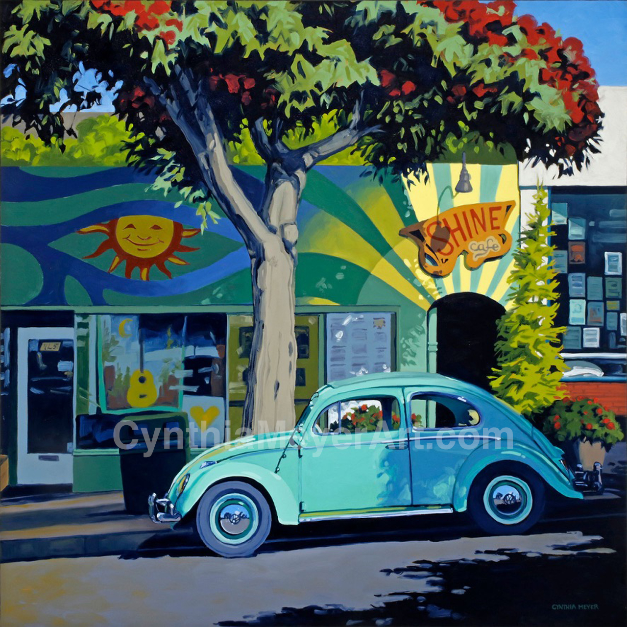 An oil painting by Cynthia Meyer of a vintage turquoise Volkswagen Beetle in front of Shine Cafe, Morro Bay, California.